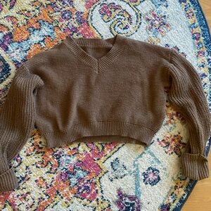 Commense Brown V-Neck Cropped Ribbed Sweater